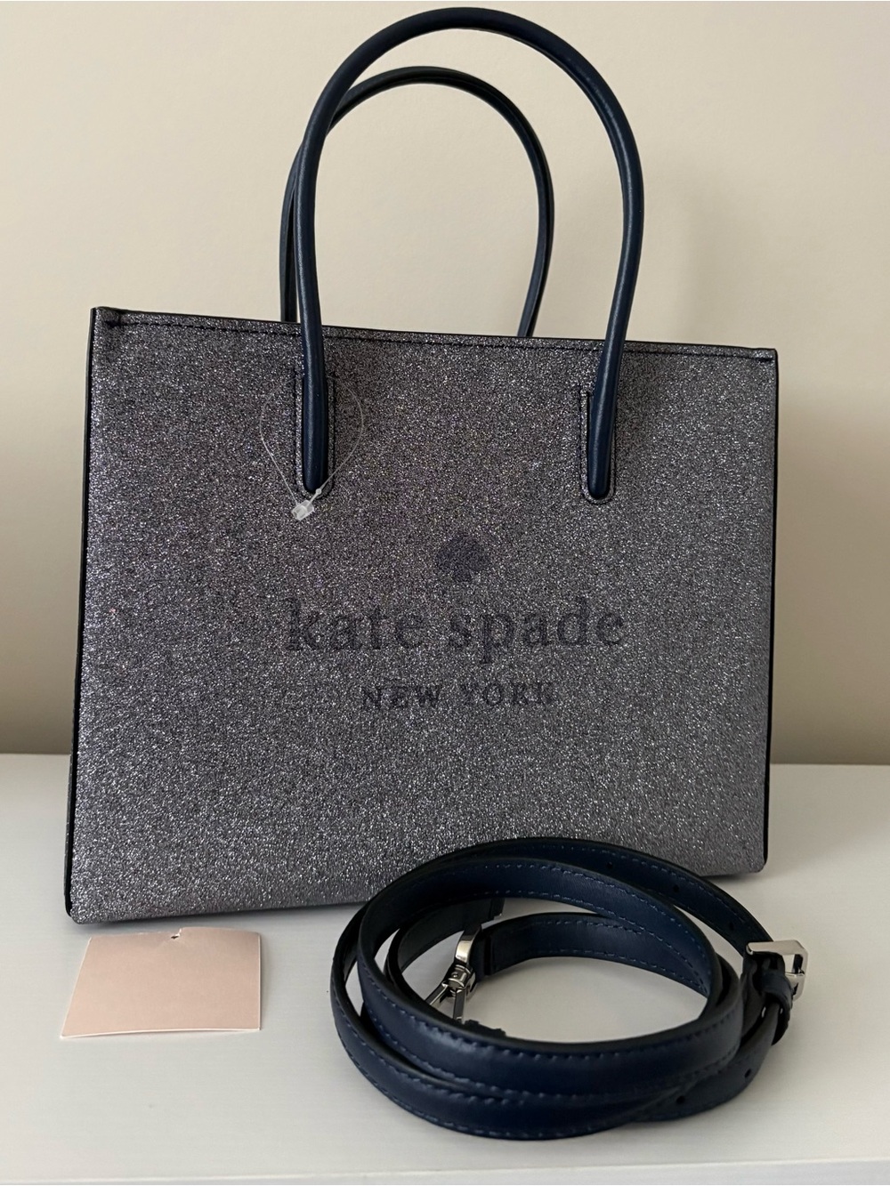 kate spade Glitter Tote Bag in Silver with Navy Trim